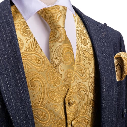 Image of Barry.Wang Men's Suit Vest Tie Bowtie Set Formal Silk Paisley Waistcoat Hanky Cufflinks Lapel Pin Set Wedding Party 7PCS