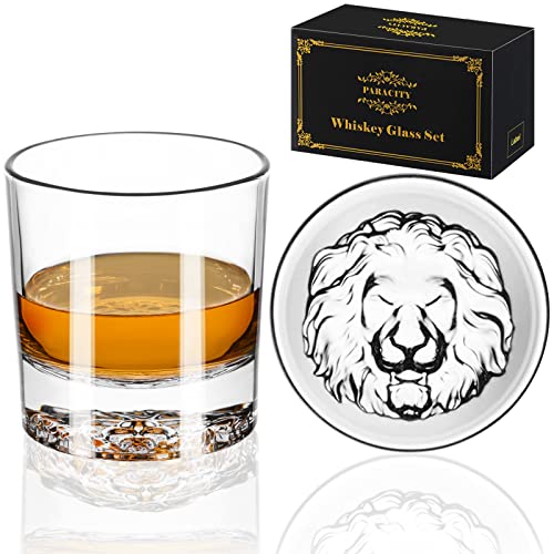 ParaCity Whisky Gläser, Löwenmuster, Dicker Boden, Tumbler Set of 2, 300ml, Whiskey Gläser, Rum Gläser Gin, Wodka, Gläser Set for Bar, Party, Männer Geschenke, Weihnachtsgeschenke