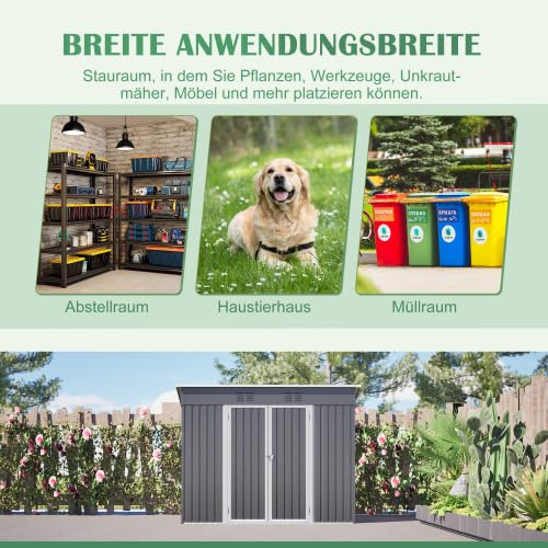 Metall Geräteschuppen 242x126x182 cm – Wetterfester Gartenschrank mit Abschließbare Tür, Schrägdach & Belüftung – Fundamentrahmen für Garten, Terrasse, Fahrrad & Mülltonnenbox (Grau)