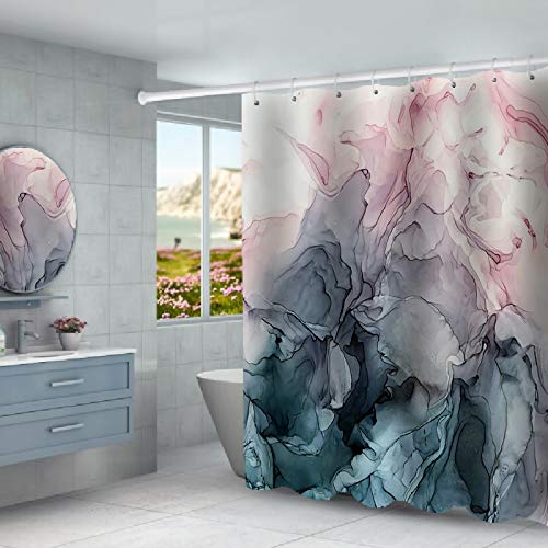 4 Pcs Abstract Pastel Blush And Blue Ombre Ink Art Bathroom Combination Set Shower Curtain Sets With Non-Slip Rugs+U-Shaped Contour Mat+Toilet Lid Cover, Waterproof Wear Shower Curtains With 12 Hooks #TOP1