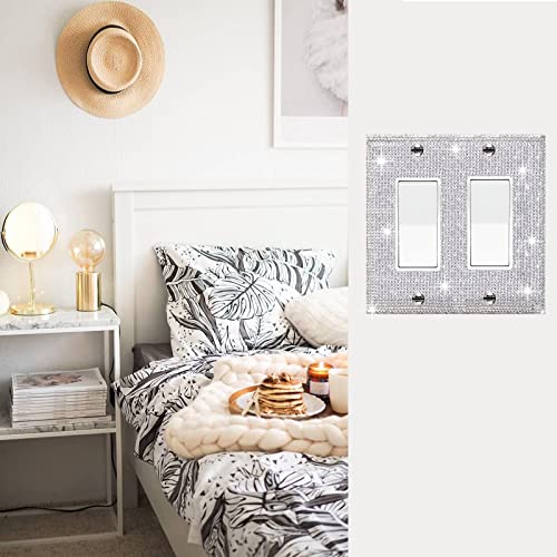 Image of Shiny Silver Rhinestones Light Switch Cover Decorative Outlet Covers Plate Double Gang Toggle Wall Outlet Cover