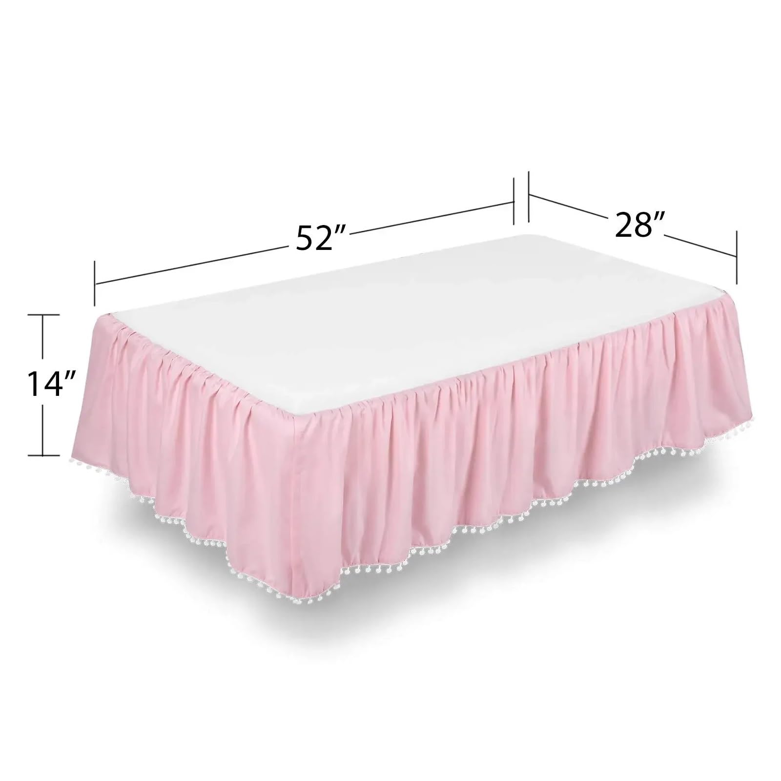 Kinderbett-Rock Krippenrock mit Pompons, 4 Seiten, elastisch, 14 Zoll Höhe(White,70x 140 x 36 cm)