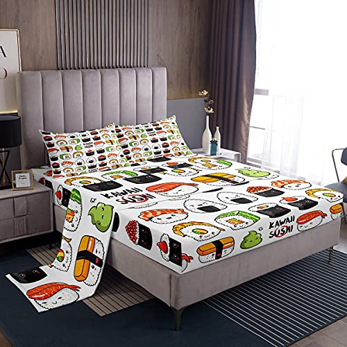 Sushi Bed Sheets Twin Size, Cartoon Kawaii Decor Sheet Set for Kids Boys Girls, Cute Sushi Pattern Bedding Set, Japanese Style Sea Animal Fitted Sheet, 1 Flat Sheet, 1 Fitted Sheet, 1 Pillow