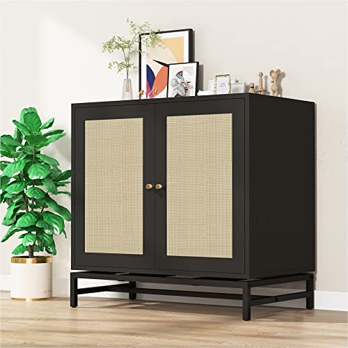 Awqm Sideboard Buffet Cabinet With Storage,Rattan Cabinet Accent Cabinet With 2 Doors,Kitchen Sideboard Storage Cabinet Cupboard Console Table With Adjustable Shelves For Dining Room,Hallway,Black #TOP4