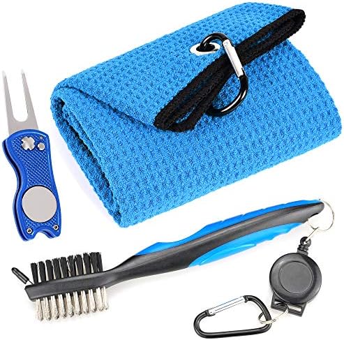 Mile High Life Microfiber Waffle Pattern Golf Towel | Club Groove Cleaner Brush | Foldable Divot Tool with Magnetic Ball Marker (Blue Towel/Brush/Fish Divot)