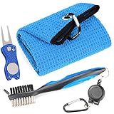 Mile High Life Microfiber Waffle Pattern Golf Towel | Club Groove Cleaner Brush | Foldable Divot Too