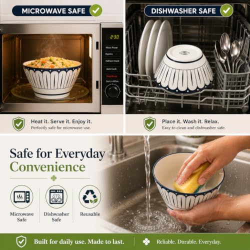 Image of Ceamic Bowl Set of 4 - Microwave Safe Dinner Bowls, BPA & Lead-Free Stoneware Serving Bowls,Chip Resistant Floral Bowls for Snacks, Rice, Fruits & Salad, Elegant Kitchenware for Dining Gifting