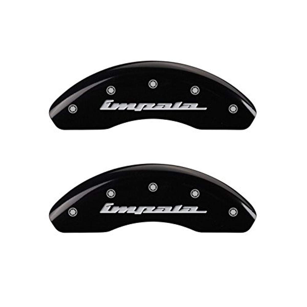 MGP Caliper Covers 14223SIMPBK 'IMPALA' Engraved Caliper Cover with Black Powder Coat Finish and Silver Characters, (Set of 4)