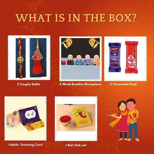 Image of CraftVatika Rakhi Gift for Brother and Bhabhi with Gift Chocolate Hamper - Red Floral Lumba Rakhi for Bhabhi with Miniature Gift