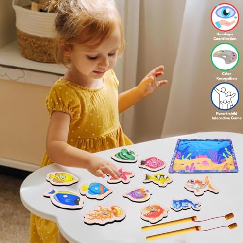 Image of PLUSPOINT 15 Pieces Wooden Magnetic Fishing Game for Kids 12 Fishes 2 Stick 1 Pool Tray Magnet Fish Game Wooden Magnetic Fishing Toys for Kindergarten Preschool Kids Girl Boy (Fish Tray)