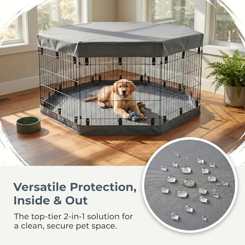 Image of PJYuCien 2-in-1 Octagonal Dog Playpen Bottom Pad for 24 inch Side Pen, Gray | Dual-function Pad, For Puppy Small Animals, Protects Floors, Easy Clean, 600D Oxford, Snap Hooks