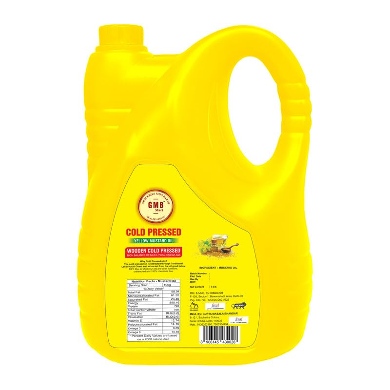 Image of GMB Mart Wooden Cold Pressed Yellow Mustard Oil | 100% Natural & Chemical-Free | Rich in Nutrients for Healthy Cooking, Roasting, Frying & Baking | Daily Use Edible Oil | Fresh & Pure 5 Litre
