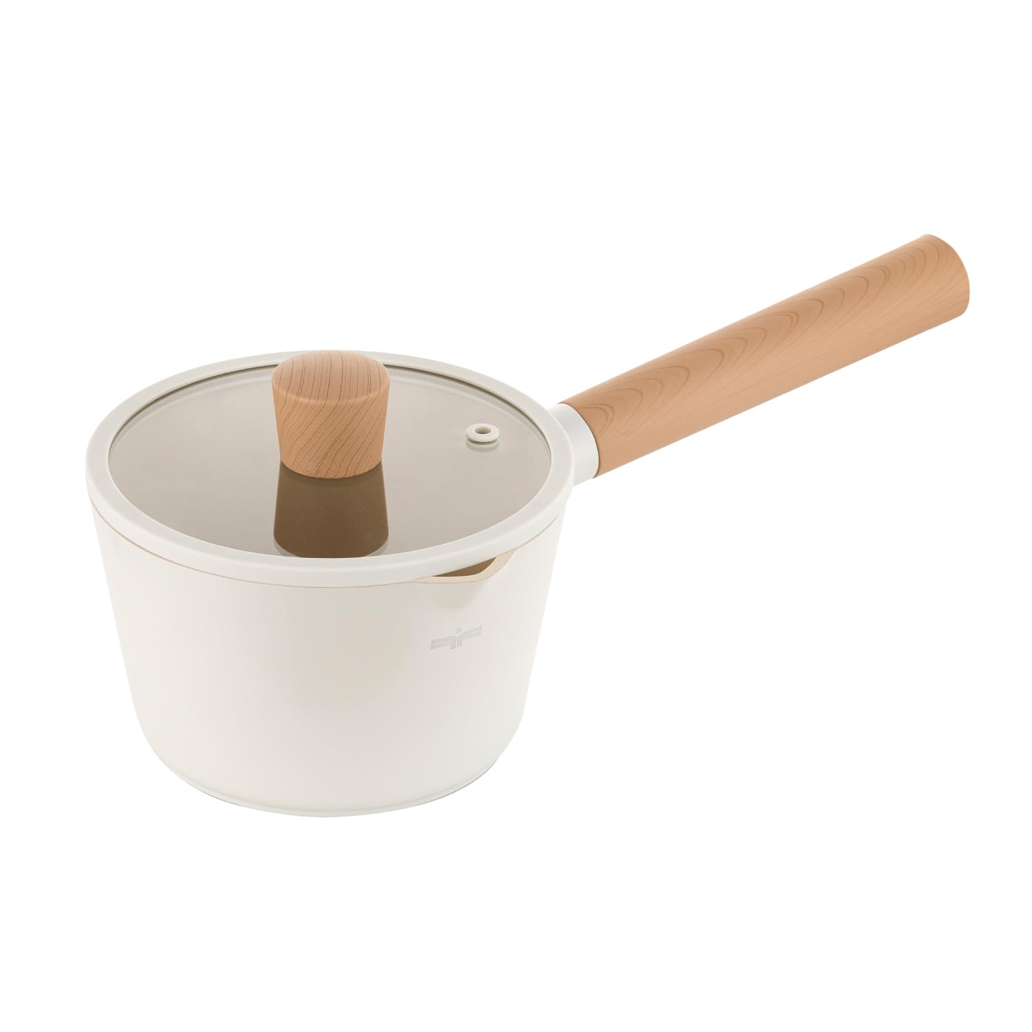 Casserole en aluminium céramique beige 16 cm avec poignée aspect bois Soft-Touch