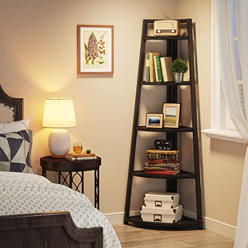 Image of Tribesigns 70 inch Tall Corner Shelf, 5 Tier Modern Corner Bookshelf Bookcase Industrial Corner Ladder Shelf Plant Stand for Living Room, Kitchen, Home Office (Black)