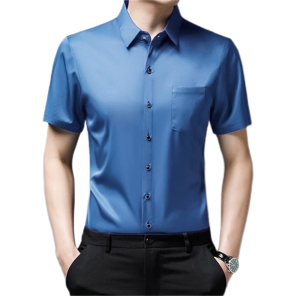 Solid Color Dress Shirt Short Sleeve Casual Shirts Men Slim Fit Silk Men Clothing