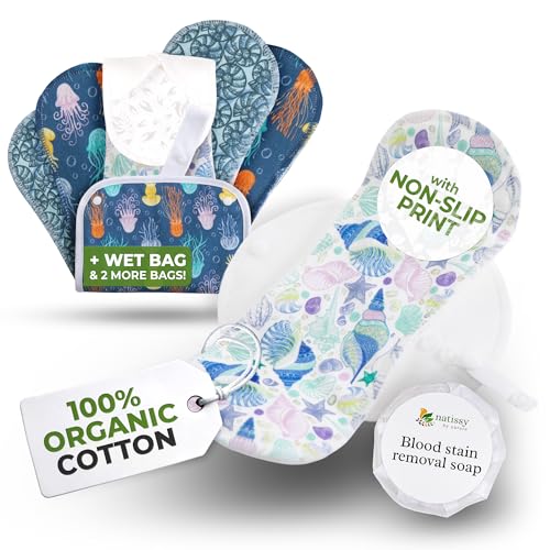 Image of Non-Slip Organic Cotton Reusable Menstrual Pads for Teens, 6 Pack (S+M)