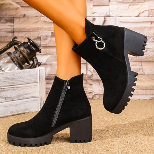 Platforms Ankle Boots For Women Stylish Suede Splicing Leopard Print Chunky Block High Heels Round Toe Side Zipper Lug Sole Western Booties Retro Cowgirl Dressy Daily Short Shoes4