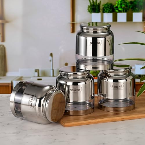 Image of Serene Stainless Steel Exotic See-Through Jar | Airtight Jars for Kitchen Storage | Premium Steel Jars with One Turn Lock Lid | Transparent Stainless Steel Containers | 1500ML | 4 PC