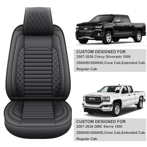 Image of JOJOBAY Chevy Silverado Seat Covers,GMC Sierra Seat Covers,Custom Fit 2007-2026 1500 2500HD 3500HD Crew Double Extended Regular Cab,LT LZT RST Trail Boss(Front Pair,Black)