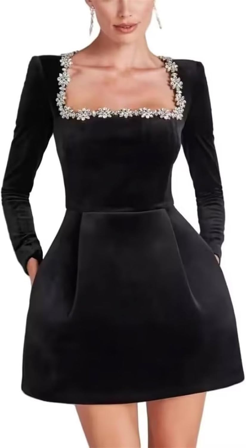 Robes de mariée à col carré en cristal pour femmes Robes courtes élégantes à col carré parsemées de diamants Robes de mariée courtes à manches longues avec poche