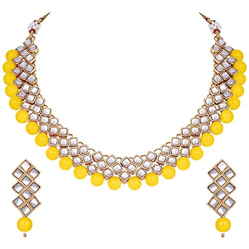 Aheli Stylish Bollywood Wedding Wear Necklace Earring Set Indian Ethnic Traditional Bharatanatyam jewellery set Gift for Women (Yellow)