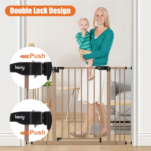 Image of keny 29 inch-42.5 inch Baby Gate for Stairs, Auto Close Safety Dog Gate | Pressure Mounted Easy Walk Through Pet Gate for Doorways, Durable Stair Gate, 30 inch Tall, Brown