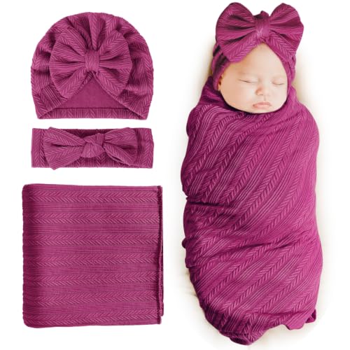 Image of DRESHOW BQUBO Newborn Receiving Blanket Toddler Warm for Girls with Bow Hat and Bow Headband Shower Gift