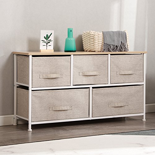 Flash Deals - 70% OFF sogesfurniture Wide Dresser Storage Tower - Sturdy Steel Frame, Wood Top, Easy Pull Fabric Bins Metal Frame with Fabric Bin, Organizer Unit for Bedroom, 5 Drawers,Cream-White BHUS-106-BM