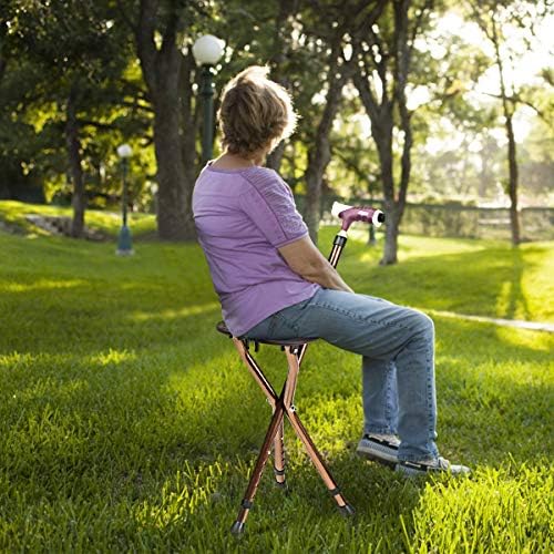 COSTWAY Folding Massage Cane Seat Crutch Chair with LED Light, Height Adjustable Lightweight Tripod Walking Stick and Seat, Elderly Disability Medical Aid 3 Legs Crutch Stool