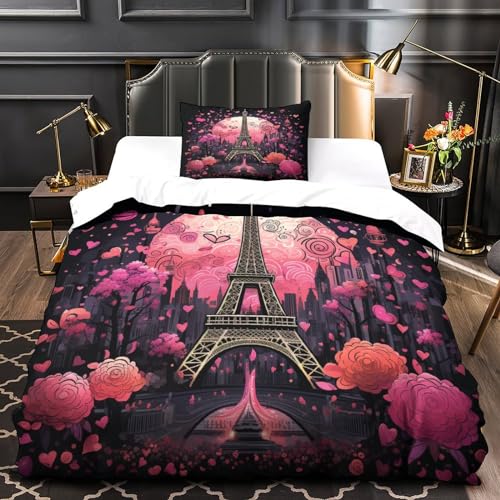 Parure de lit Tour Eiffel rose 3D en microfibre avec zip