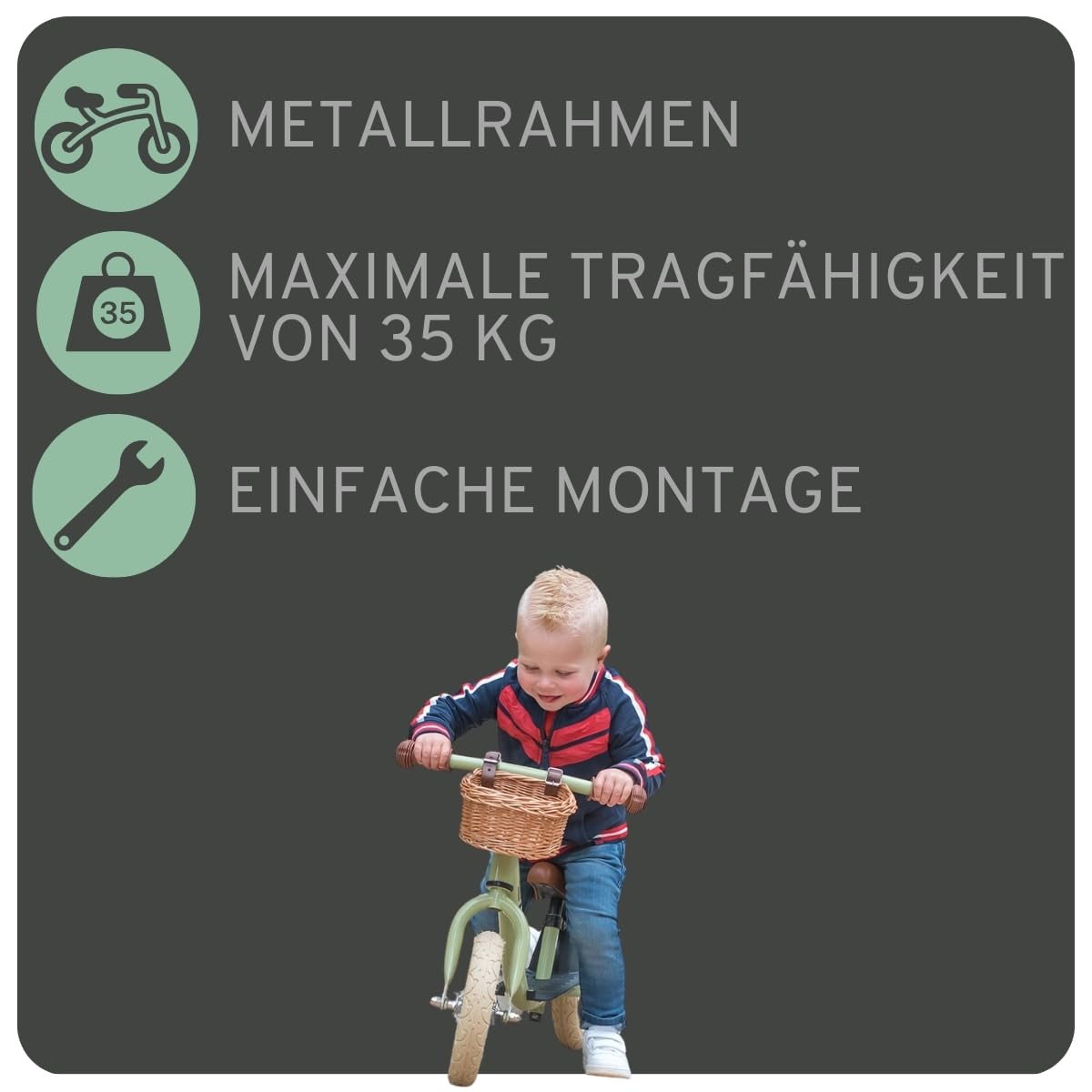 Bandits & Angels Laufrad aus Metall mit Weidenkorb mit Trittbrett ab 2 Jahren – Lauflernrad – Verstellbarer Sattel 29 bis 39 cm – Für Jungen und Mädchen – Niedriger Einstieg