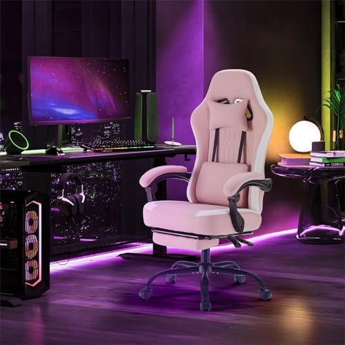 Image of DUMOS Gaming Chair with Linkage Armrests, Video Game Chairs with Pocket Spring Cushion, Ergonomic Computer Silla Gamer Office Desk Chair with Footrest for Adults & Students, Pink