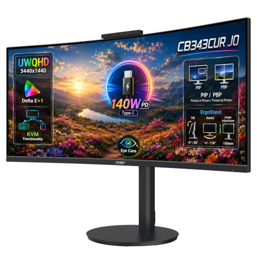 Image of Acer CB343CUR J0 34-inch UWQHD Curved Monitor | 3440x1440 | 120Hz | 1ms VRB | USB-C 140W PD | KVM | 2.5Gb RJ45 | HDR10 | DCI-P3 90% | Delta E<1 | 5W x2 Speakers | Ergostand | AdaptiveSync | PIP /PBP