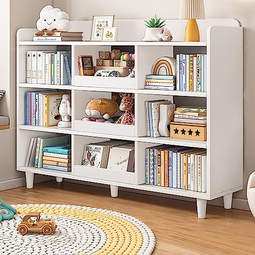 Image of NELYE Wooden Cube Bookcase with Legs - 3-Tier Open Shelf Kidsroom Sorted Storage Cabinet Organizer for Books and Toys, 9-Cube Lattice Cute Cubby Bookshelf in Pearl White, 55" W