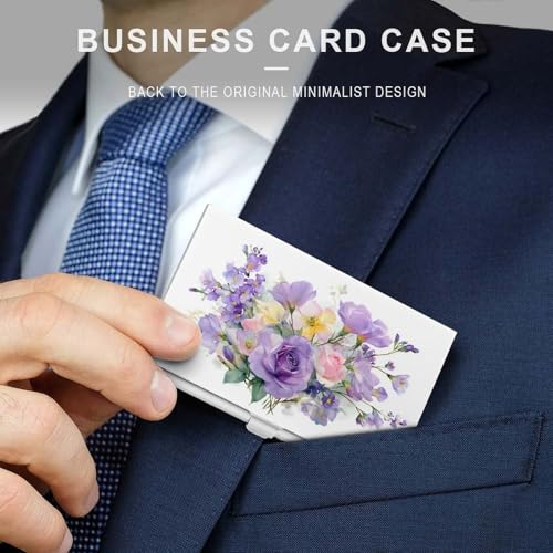 Watercolor Lavender Floral Flower Business Card Holder, Pocket Slim Portable Metal Business Card Case for Women Men3