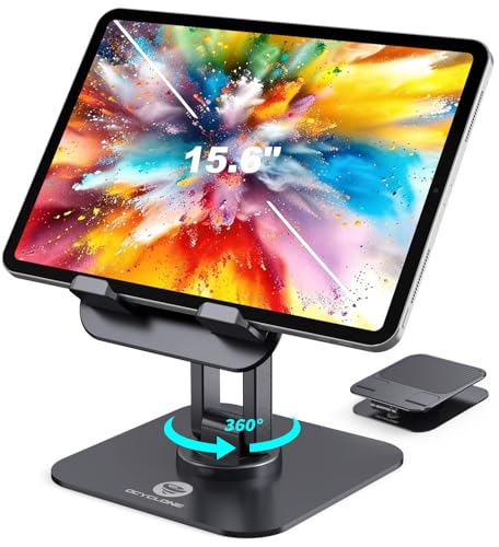 OCYCLONE iPad Stand, 360° Rotating Adjustable Foldable iPad Tablet Holder for Desk Compatible with Kindle Tablet iPad 4' - 15.6' Portable Monitor Stand, Black