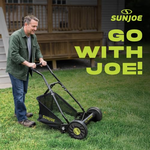 Image of Sun Joe Manual Push Reel Lawn Mower with 6.6-Gal Grass Catcher, 16-Inch Cutting Width - Heavy-Duty Yard Trimmer Machine for Gardening Care and Maintenance, MJ500M