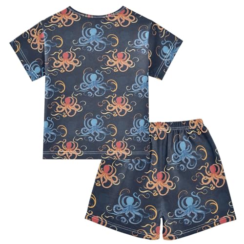 Blue Red Octopus Pajama Set, Short Sleeve Cotton Sleepwear Nightwear2