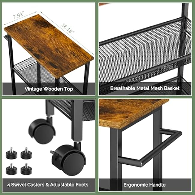 6 Tier Slim Storage Cart with Handle, Rolling Kitchen Laundry Room Storage Cart with Wooden Top, Narrow Metal Bathroom Trolley on Wheels for Small Space, Mobile Shelving Unit, 7.9in(W)-t2L9Zi34