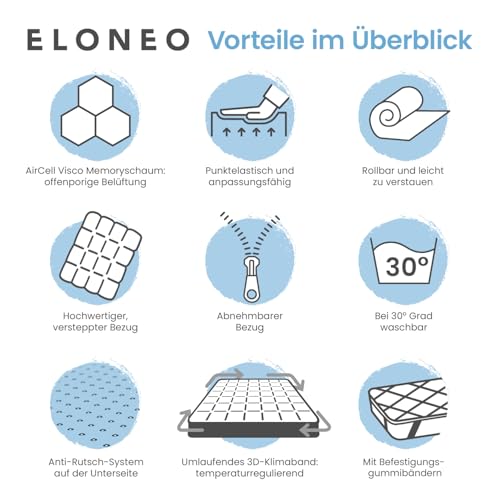 ELONEO Viscoelastischer Matratzen Topper 80x190cm, Matratzentopper mit Memory Foam Effekt, 5 cm Höhe, Matratzenauflage für Bett und Boxspringbett inkl. atmungsaktivem Mesh-Bezug und Eckschlaufen