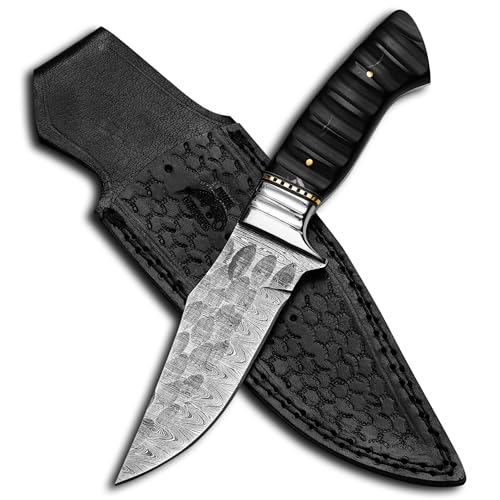 Handmade Skinning Damascus Steel Hunting Knife With Leather Sheath- Full Tang knife For Outdoor Camping- Best Outdoorsman Gift