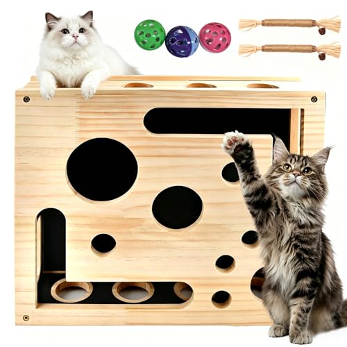Fummelbrett Katze, 30*25CM Katzenspielzeug Holz, Fummelbrett für Katzen, Interaktives Katzenspielzeug Spielzeug mit 3 Ball, Katzenspielzeug Selbstbeschäftigung, Katzen Intelligenzspielzeug für Katzens