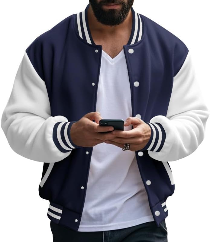 Men's Varsity Baseball Jacket Classic College Style Bomber Coat with Striped Ribbed Collar Casual Outerwear - Image 3