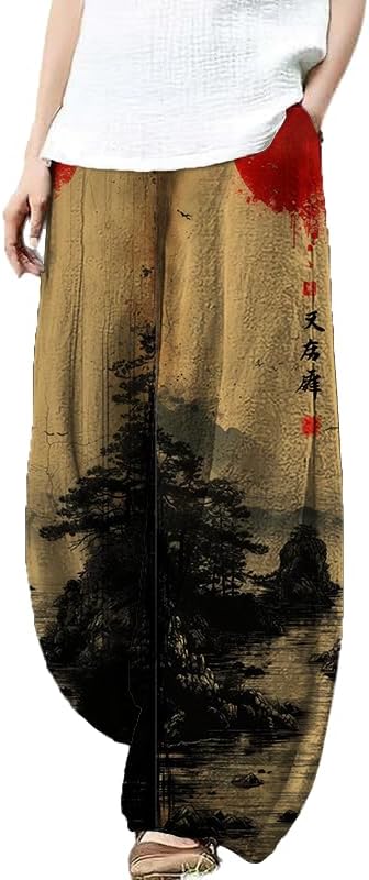 Japanese Art Pants for Women Graphic Printed Plus Size Trendy Baggy Lounge Pants