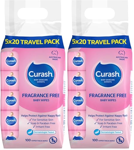 Curash Fragrance Free Baby Wipes, 5 x 40 Pack - For Sensitive Skin, Suitable for Newborns, Thick And Soft Texture, No Soap, Alcohol Or Parabens - Everyday Cleansing And Nappy Changes, Mini Travel Size - 100 Wipes
