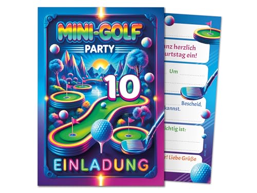 JuNa-Experten 12 Einladungskarten zum 10. Kindergeburtstag Mädchen Jungen Minigolf Mini-Golf coole bunte Einladungen zehnte Geburtstag Mädchengeburtstag Jungsgeburtstag