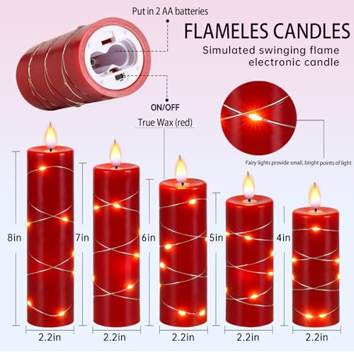 Image of Red Flameless Candle Fairy String Lights, Premium LED Flickering Flame Simulation, LED Candle with Remote & Timed, 5 Cell Battery Powered, Christmas Candle