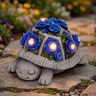 Solar Garden Outdoor Decor Turtle Statue with Dark Blue Roses & 7 LED Lights – Outside Tortoise Decor for Yard Patio Balcony & Backyard - Home House Decoration Art- Gift for Women Mom & Grandma