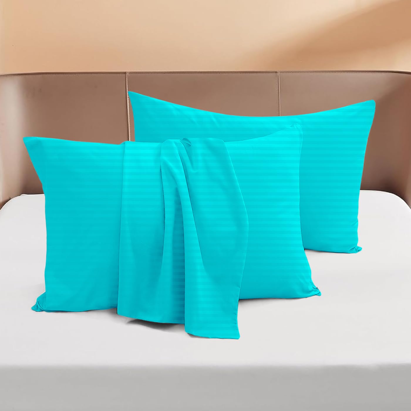 Queen Size 1000 Thread Count 100% Egyptian Cotton Envelop Closure Pillow Case Set of 2-Piece, Sateen Weave (Stripe, Turquoise)
