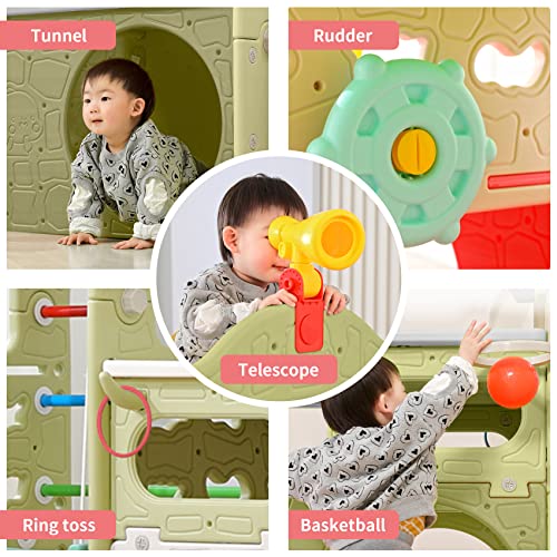 UNICOO® 10 in 1 Indoor Playground, Jungle Gym Playset with Slide, Climbing Wall, Ladder, Swing, Basketball, Hanging Rings | Outdoor Toys for Toddlers 3+ | Toddler Climbing Toys Indoor (Green & Gray)